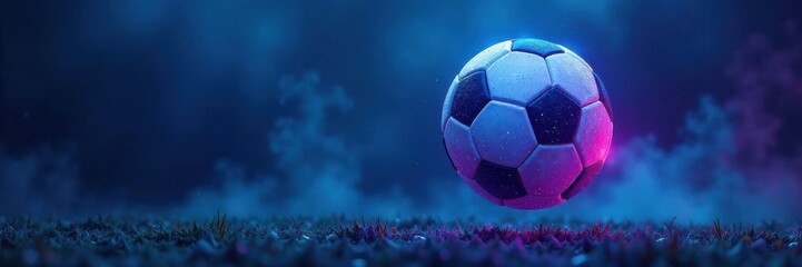 Glowing neon soccer ball suspended in mid-air, surrounded by vibrant blue hues, glow, ball, athletic