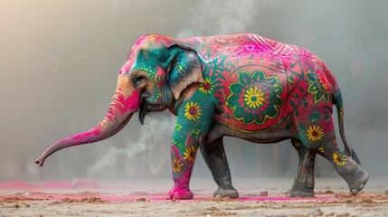 Obraz premium An elephant painted with bright colors strolls through a cloud of colored powder, showcasing intricate designs in a festive atmosphere