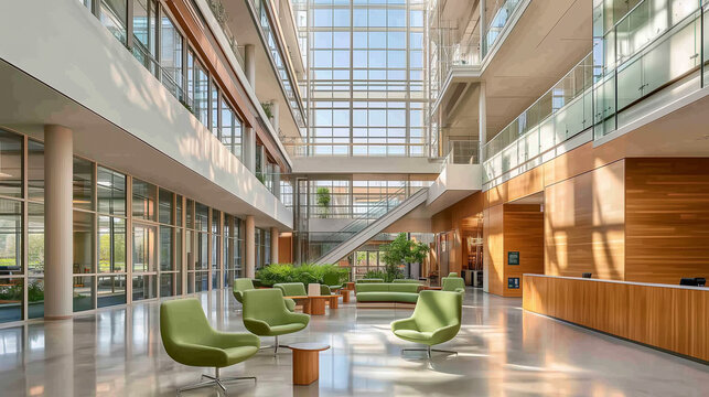 An airy, contemporary atrium featuring towering glass walls and skylights that allow sunlight to dance across polished concrete flooring