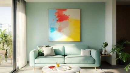 Bright living room with abstract art and plants indoors