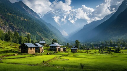 Obraz premium Serene Mountain Valley Landscape with Traditional Houses and Green Fields, Majestic Peaks in the Distance
