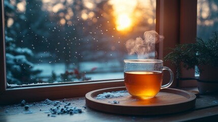 Warm Winter Tea by the Window at Sunset