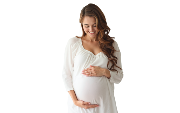 Portrait of a smiling pregnant woman touching her belly, isolated on transparent background
