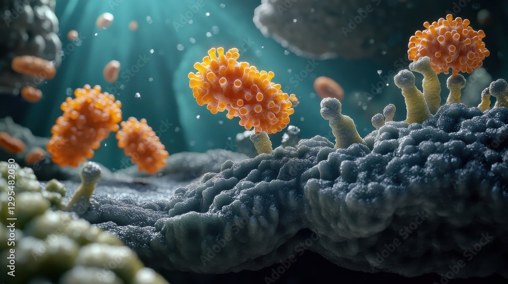 Aufkleber vibrant microscopic view of viruses interacting with a cellular surface in an intricate biological e