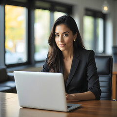  Ejecutiva hispana enfocada en su pantalla en su oficina.