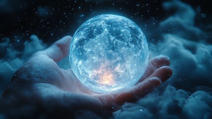 Glowing Celestial Orb Held in Hand - Mystical Fantasy Scene