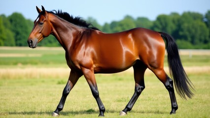 Fototapeta premium A beautiful Orlov Trotter horse walking gracefully in a lush green field.