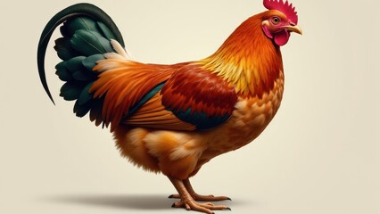 Fototapeta premium A vibrant padovana chicken with colorful plumage, featuring shades of orange, red, and green, standing against a plain background.