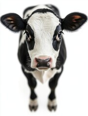 Adorable black and white calf portrait on white background showcasing its cute face and expressive eyes farm animal photography