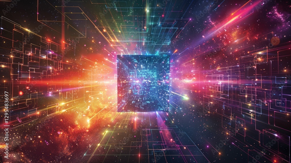 Poster abstract glowing cube structure in sci-fi landscape at sunset. digital artwork of 3d rendering of cu