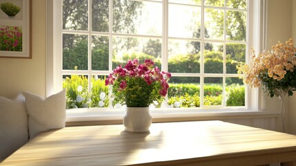 Sunlit Room With Flowers In A White Vase Near Window