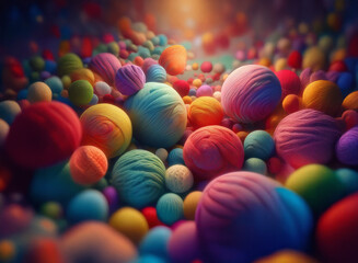 A vibrant array of colorful yarn balls fills the frame, creating a soft and textured scene. The background is intentionally blurred, highlighting the foreground elements and adding depth.