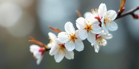 Fototapeta premium Delicate white cherry blossoms on a bare tree branch in early spring, flower, blossoming,
