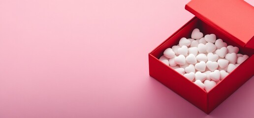Red box filled with white hearts on pink background