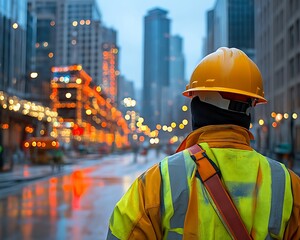 Construction worker city night