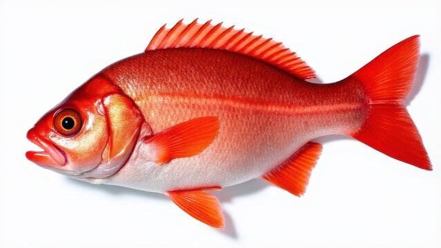 The image shows a vibrant pargo rojo with bright red fins and scales, displayed against a white background.