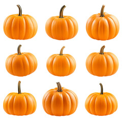 Nine orange pumpkins on colorful striped background autumn harvest fall decoration