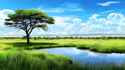 Single Acacia Tree on African Savanna Near a Pond Under a Blue Sky