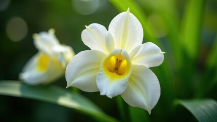 Naklejka premium A close-up of a peristeria elata flower, showcasing its delicate white petals and yellow center.