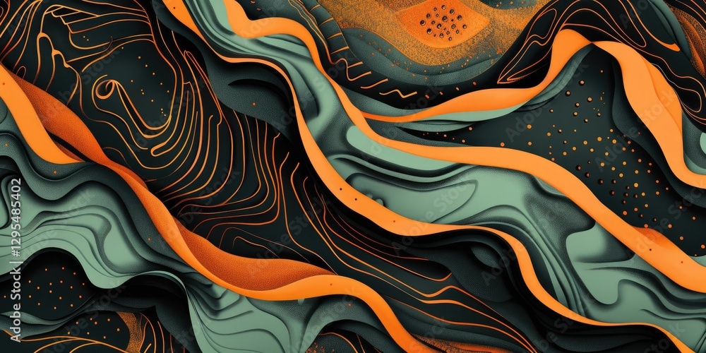 Poster abstract green and orange flowing lines with topographic elements. abstract image of digital wave wi