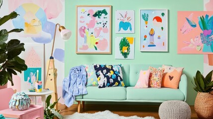 Stylish living room features colorful abstract art and furniture
