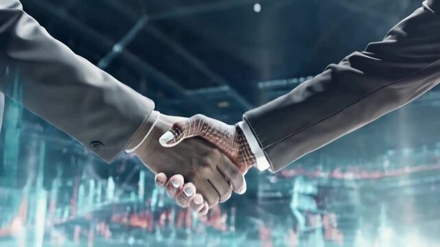 A creative visual representation of a professional handshake using computer graphics to convey investment information. Cutting-edge marketing strategies and partnership negotiations portrayed in a fut