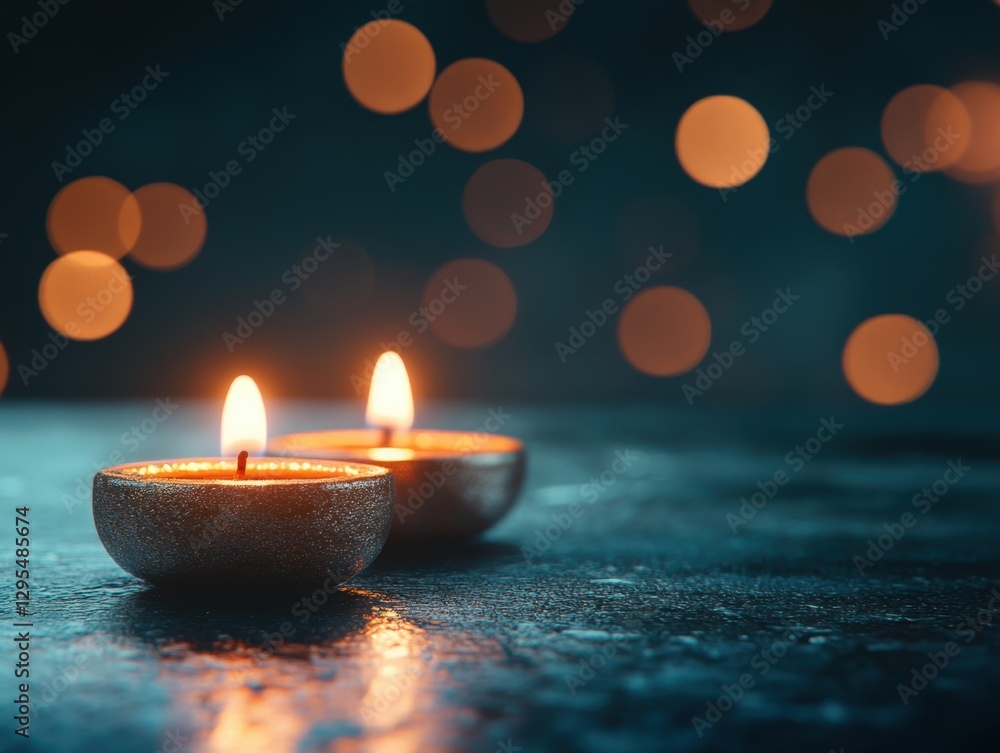 Aufkleber two glowing candles casting warm light on a textured surface with bokeh background creating a serene