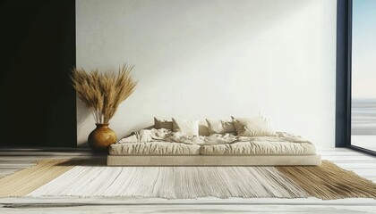 Sleek scandinavian living room decor  minimalist design with earthy tones and dried flowers