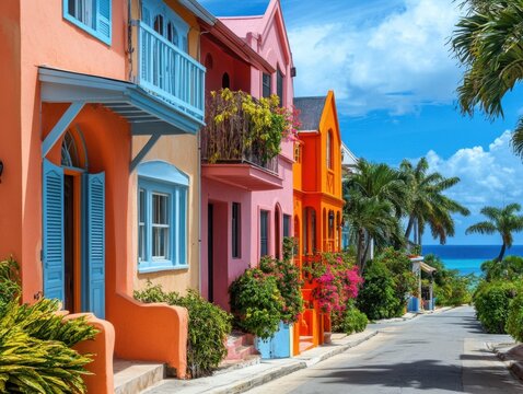 Vibrant caribbean architecture colorful houses street view in barbados island with blue sky and turquoise sea tropical landscape