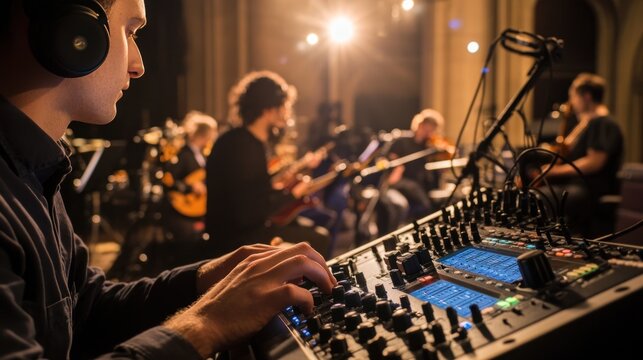 Sound engineer mixing music during live concert recording session - Powered by Adobe