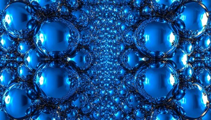 Symmetrical arrangement of reflective neon blue spheres in an abstract photography composition