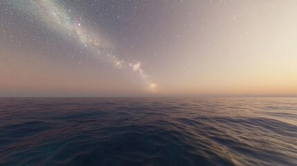 Milky way arches over a calm ocean during the night