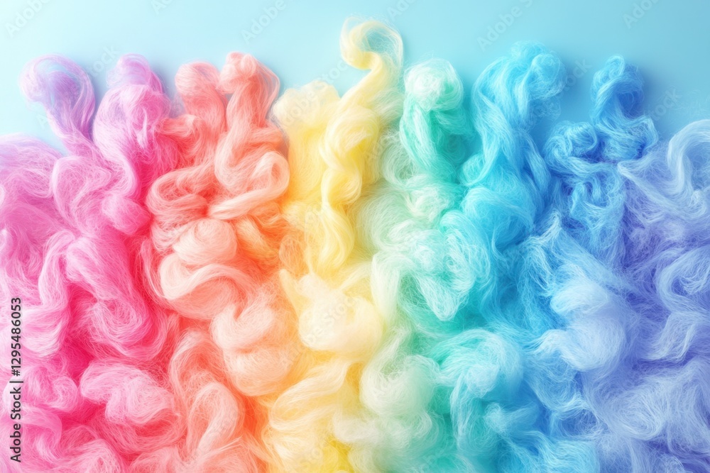 Poster abstract rainbow wool fibers on light blue background creating a soft dreamy texture perfect for bac