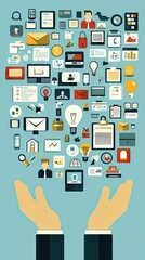 Fototapeta premium Hands holding diverse business icons, ideas flying. Stock photo of business concepts