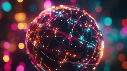 A cyber-tech globe with intricate neon data links, symbolizing global business, finance, and digital communication
