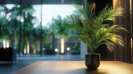 Fototapeta premium Potted palm plant on a wooden table in a room