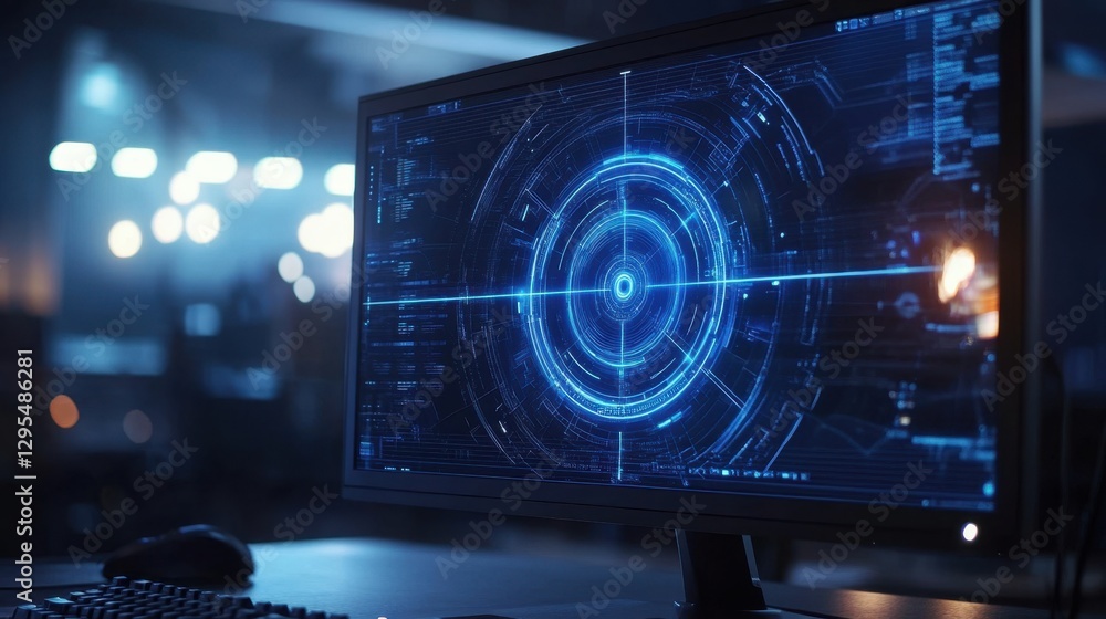 Aufkleber a cyber-themed computer monitor with a neon blue targeting reticle, showcasing precision in digital 