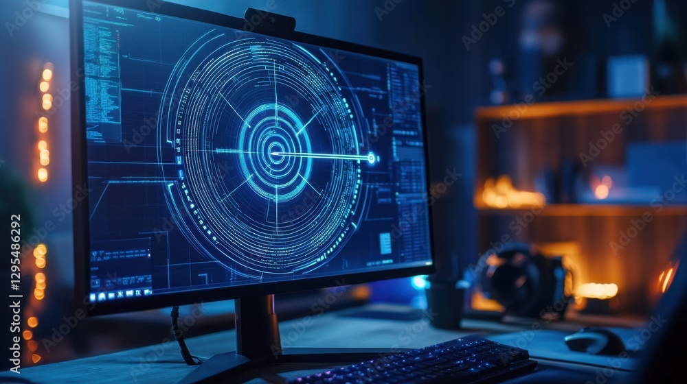 Aufkleber a cyber-themed computer monitor with a neon blue targeting reticle, showcasing precision in digital 