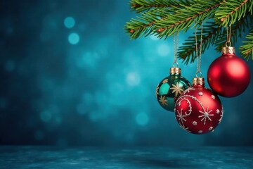 Hanging Christmas ornaments with blue background, decorations, winter, holly
