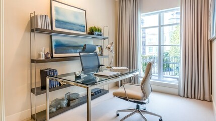 Contemporary home office features a glass desk and shelving unit