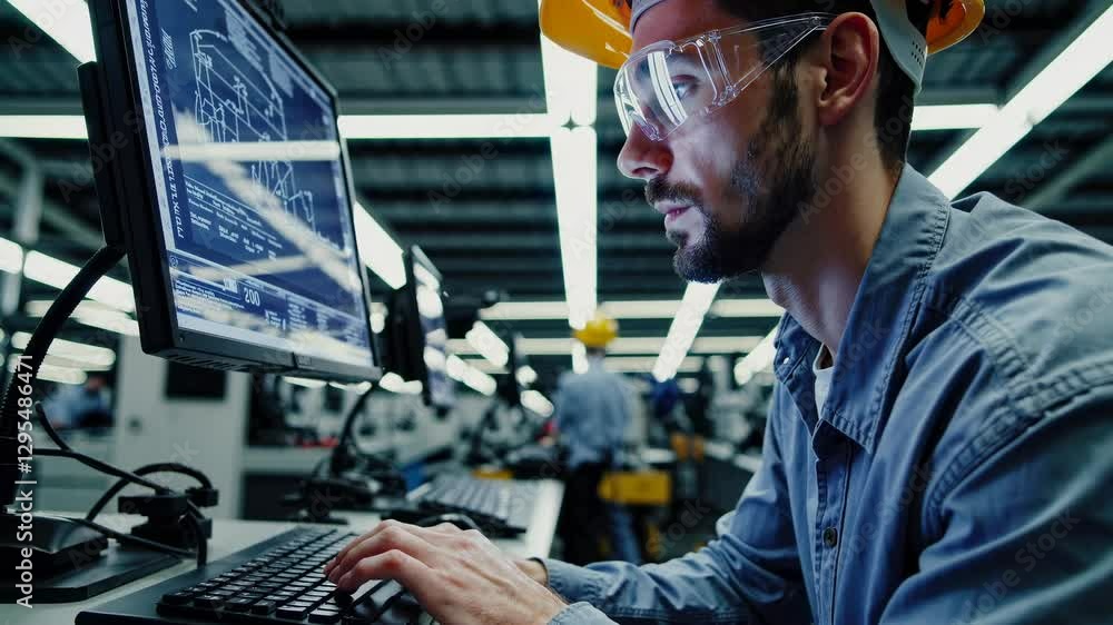 Poster side angle video of an engineer in safety gear focused on computer screens in a modern industrial se