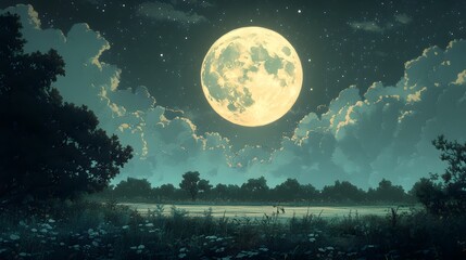 Fototapeta premium A bright full moon shining over a tranquil night landscape