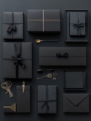 Elegant arrangement of black gift boxes with gold accents for luxury brand presentation and stylish celebration