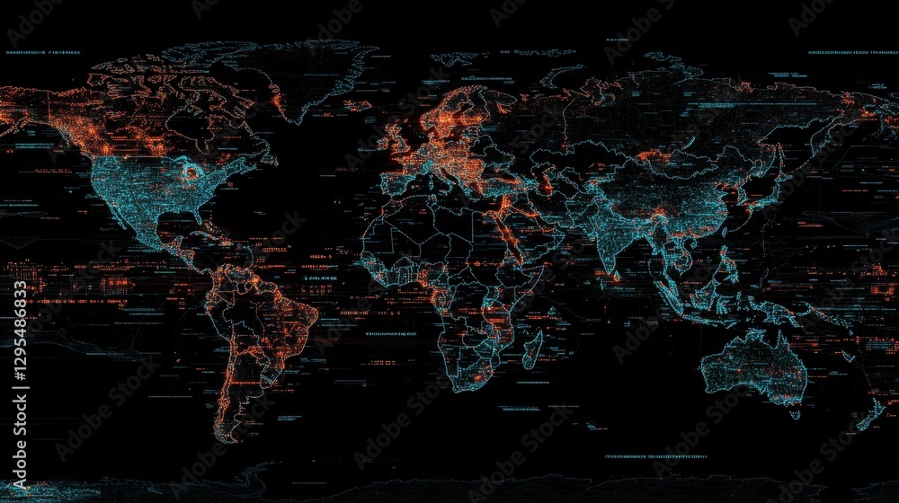 Poster a dark background world map with vibrant network lines highlighting global internet traffic.