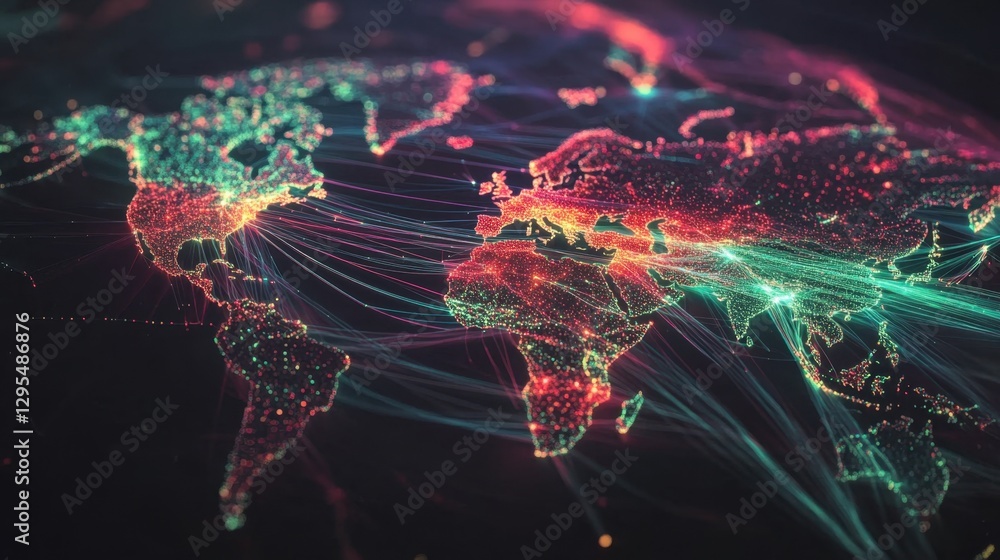 Poster a dark background world map with vibrant network lines highlighting global internet traffic.