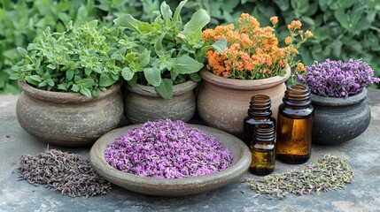 Natural medicine concept with fresh herbs, essential oils, and herbal tinctures, representing the use of nature s remedies for healing and promoting alternative health solutions