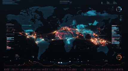 A dark-themed Earth with bright analytics lines, emphasizing global data transfer and statistics.