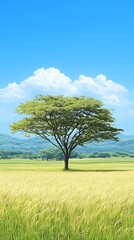 Fototapeta premium Single Tree in a Golden Field under a Blue Sky