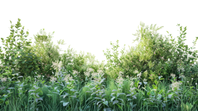 Lush green bushes and grass on transparent background