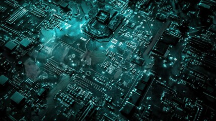 High angle view of a complex and modern circuit board